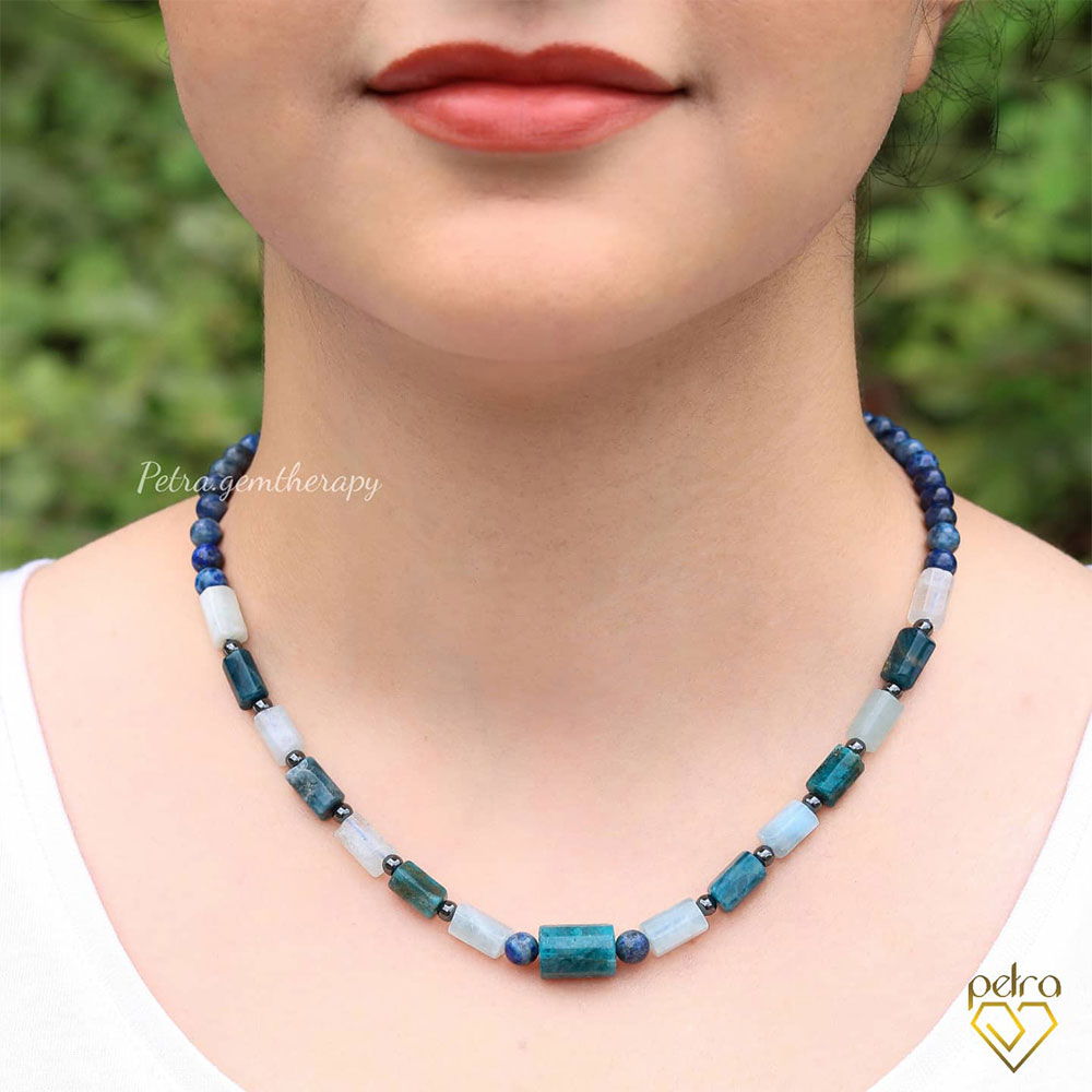 گردنبند زنانه لاجورد و حدید و آکوامارین و آپاتیت