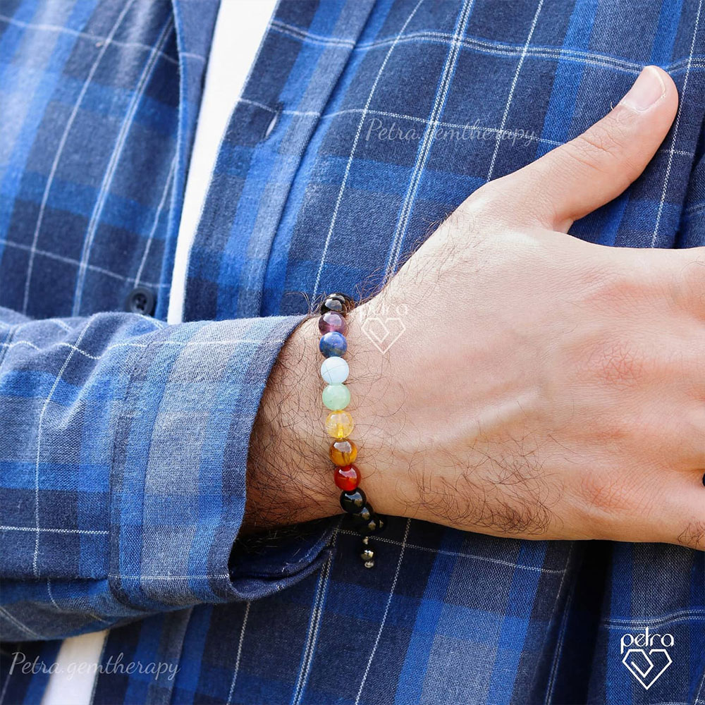 دستبند مردانه ابسیدین و هفت‌چاکرا