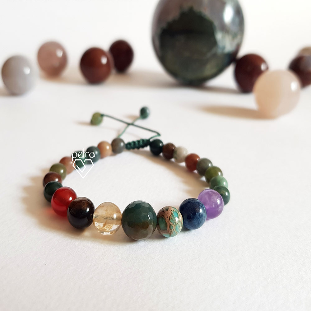 دستبند زنانه هفت‌چاکرا و عقیق‌خزه‌ای